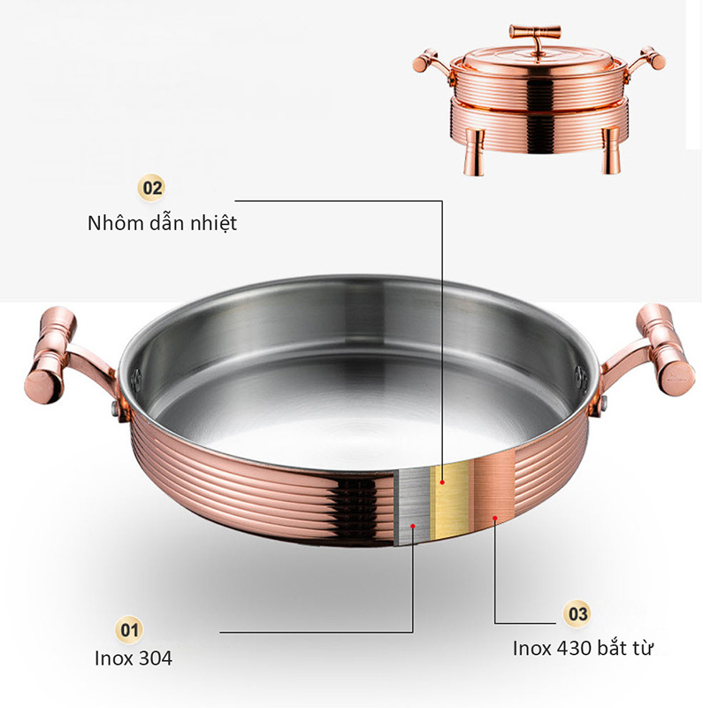 Nồi lẩu khô kèm bếp cồn Inox 304 mạ vàng size 22-28cm YSS01