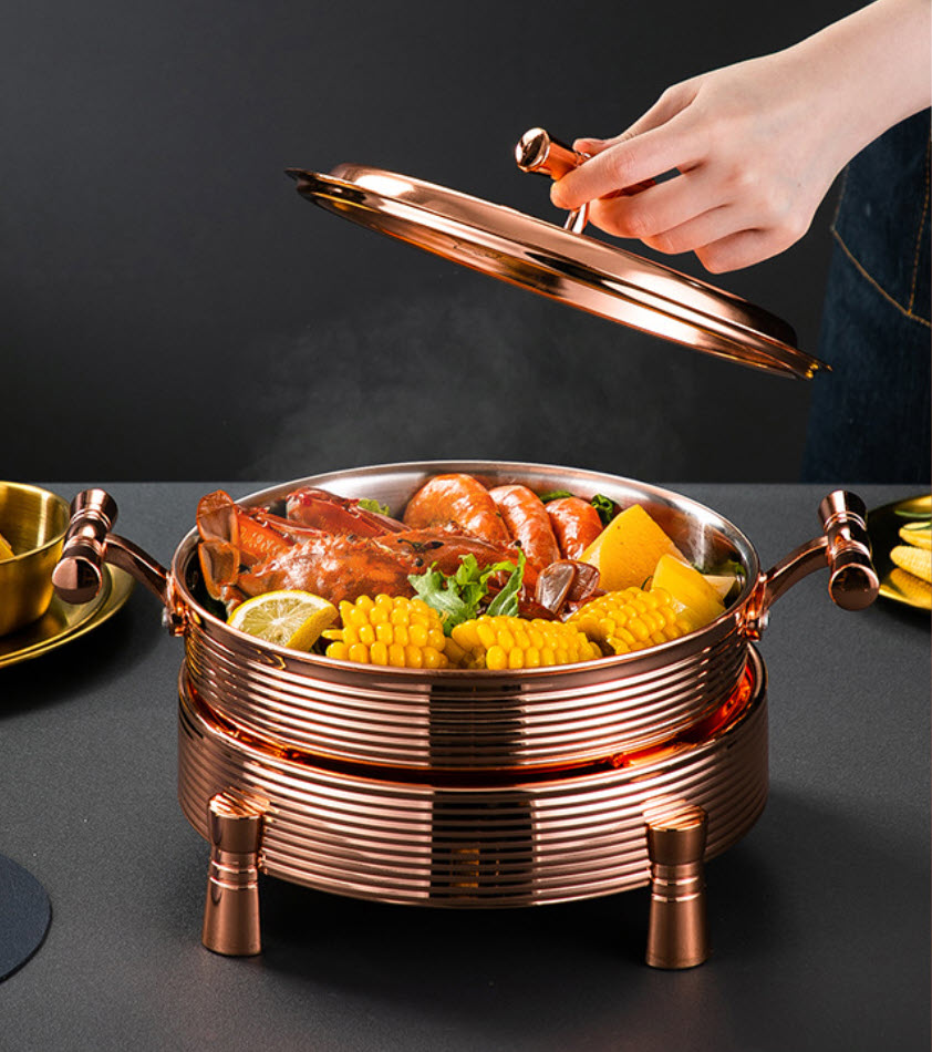 Nồi lẩu khô nồi hâm nóng buffet kèm bếp cồn Inox 304 mạ vàng size 22-28cm YSS01