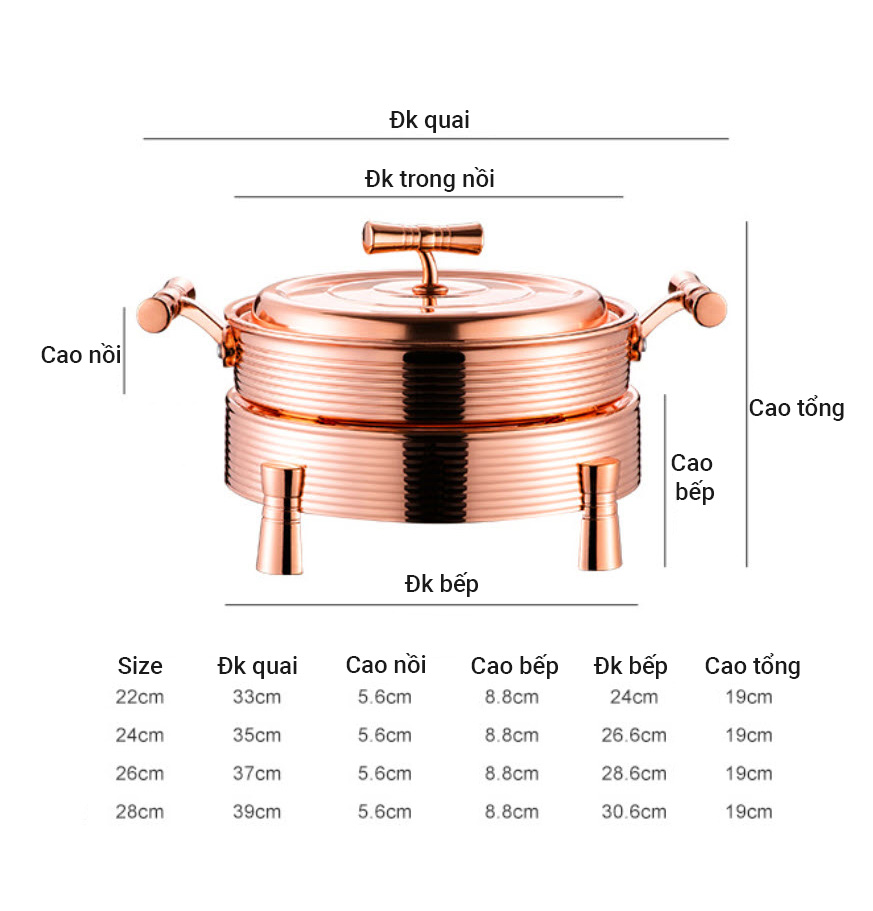 Nồi lẩu khô nồi hâm nóng buffet kèm bếp cồn Inox 304 mạ vàng size 22-28cm YSS01