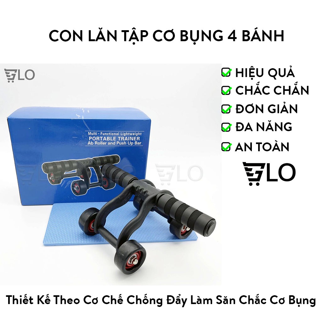 Con Lăn Tập Cơ Bụng 4 Bánh(AB Roller And Push Up Bar) Tặng Kèm Thảm Lót Gối