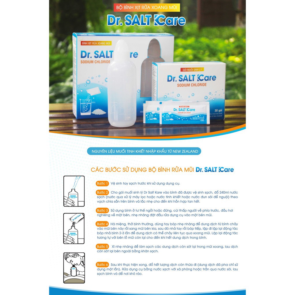 Bình Rửa Mũi Tặng Kèm Muối Sinh Lý Dr Salt Kare - Hộp 30 Gói Hàng Chính Hãng Công Ty