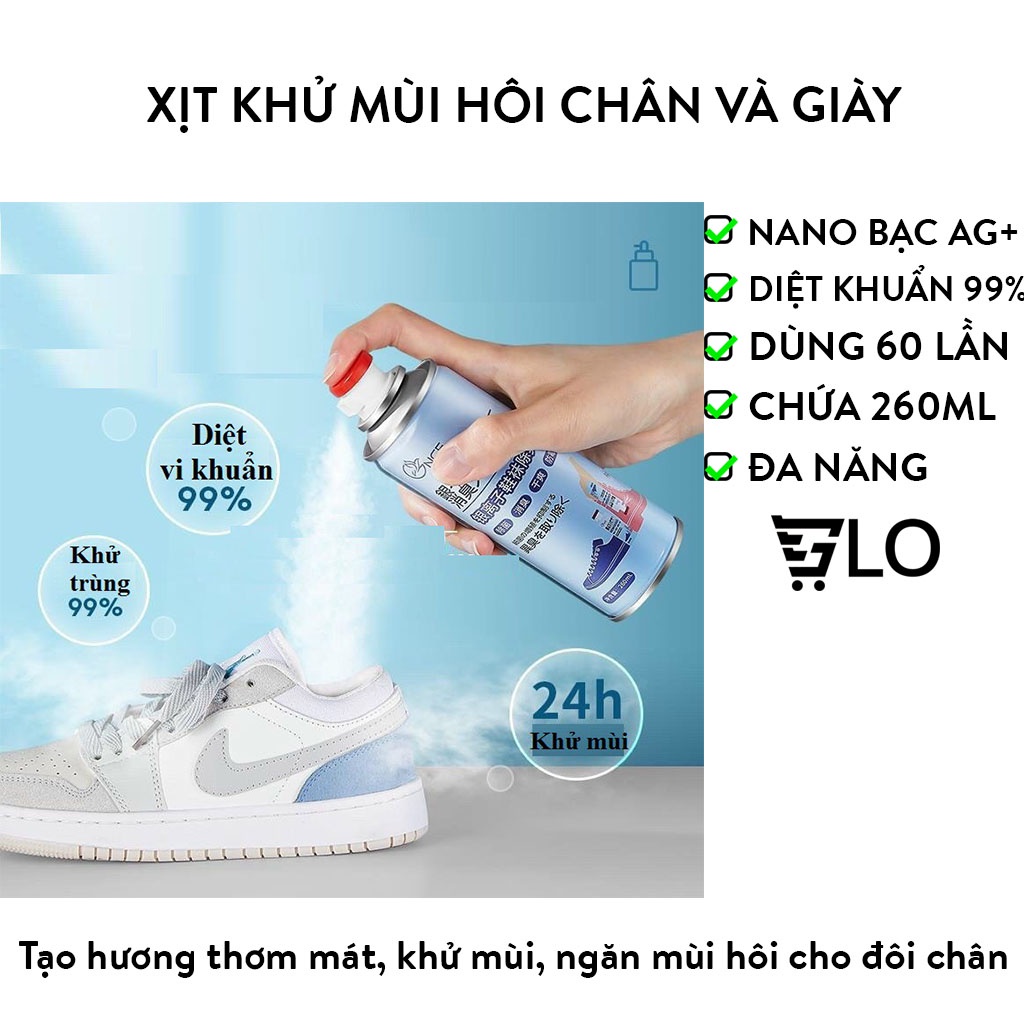 Bình Xịt Khử Mùi Giày 260ml Công Nghệ Bạc AG+, Chống Hôi Chân, Ngăn Mồ Hôi, Diệt Khuẩn, Hiệu Quả Đến 24h