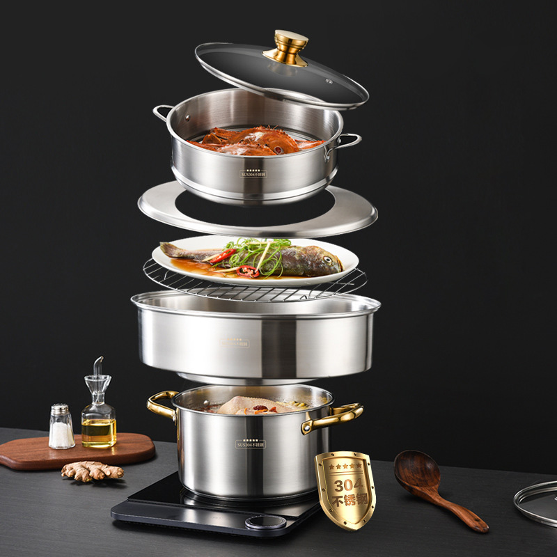 Nồi hấp cá inox 304 đa năng BXH14 nồi soup 24cm kèm 2 ngăn hấp