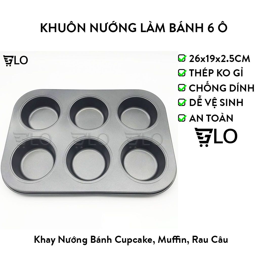 Khuôn Nướng Làm Bánh Cupcake, Muffin, Rau Câu 6 Ô Kích Thước 26x19x2,5cm