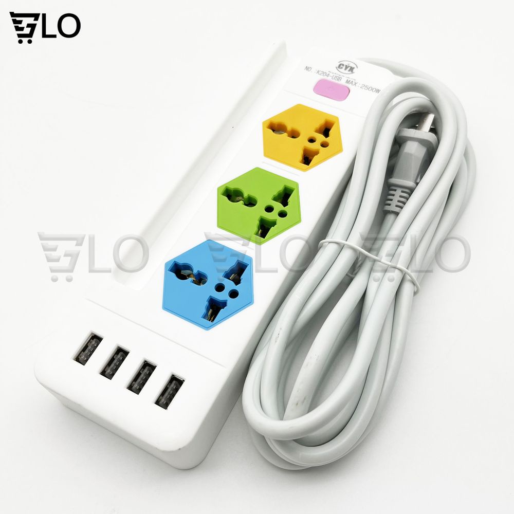 Ổ CẮM ĐIỆN CYX K204 Có 4 Cổng USB Sạc Đa Năng, 3 Ổ Cắm 3 Chấu, Dây Dài 3M Công Suất 2500W, Có Khe Gác Điện Thoại
