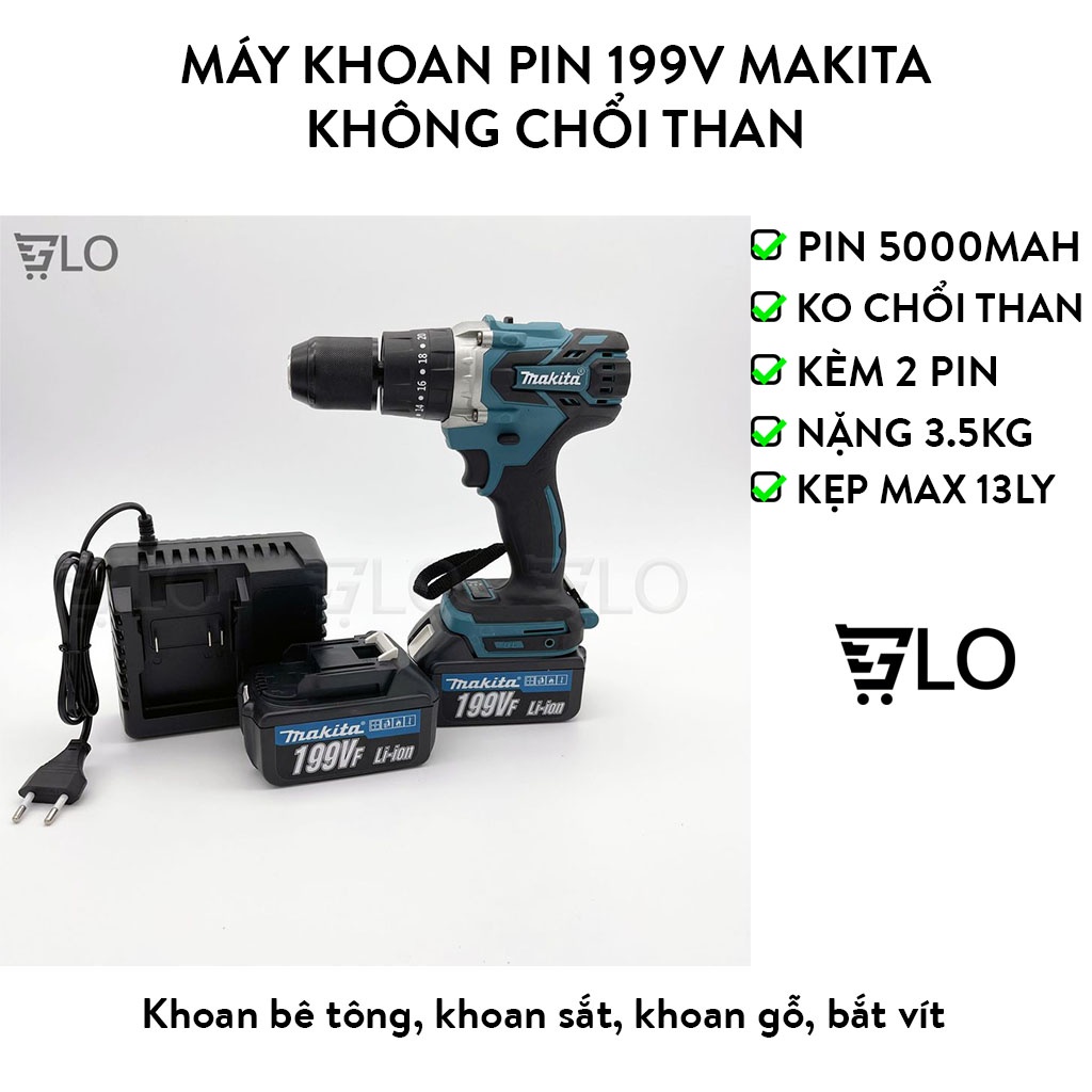 Máy Khoan Pin 199v Makita 3 Chức Năng Có Búa, Động Cơ Không Chổi Than