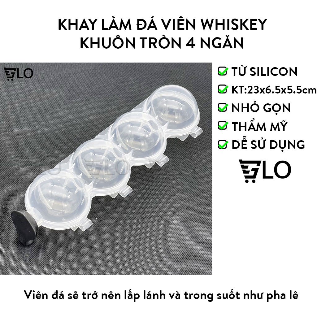 Khay Làm Đá Viên Whiskey Khuôn Tròn 4 Ngăn Tạo Hình Quả Cầu Pha Lê Đẹp Mắt