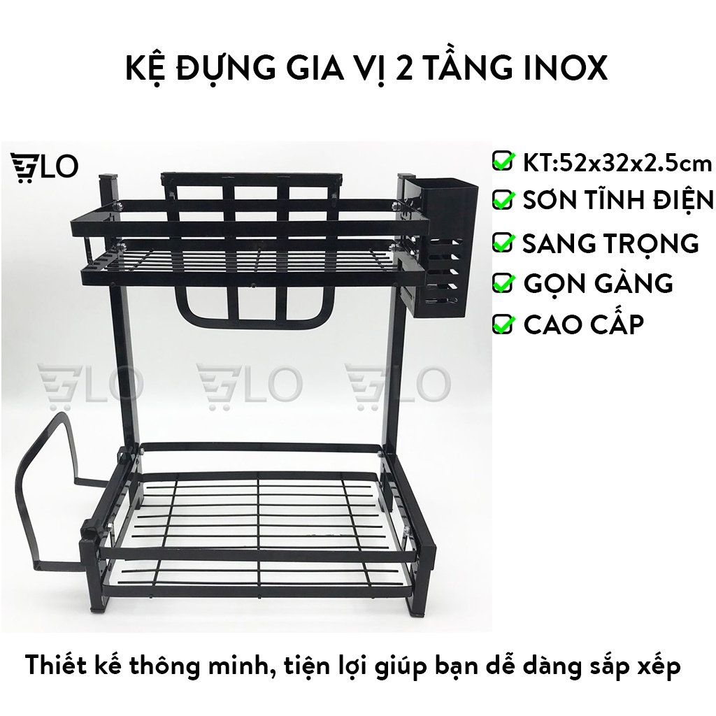 Kệ Đựng Gia Vị 2 Tầng Inox Kích thước 52x32x2.5cm Phủ Sơn Tĩnh Điện Mẫu Mới Để Bàn Cao Cấp