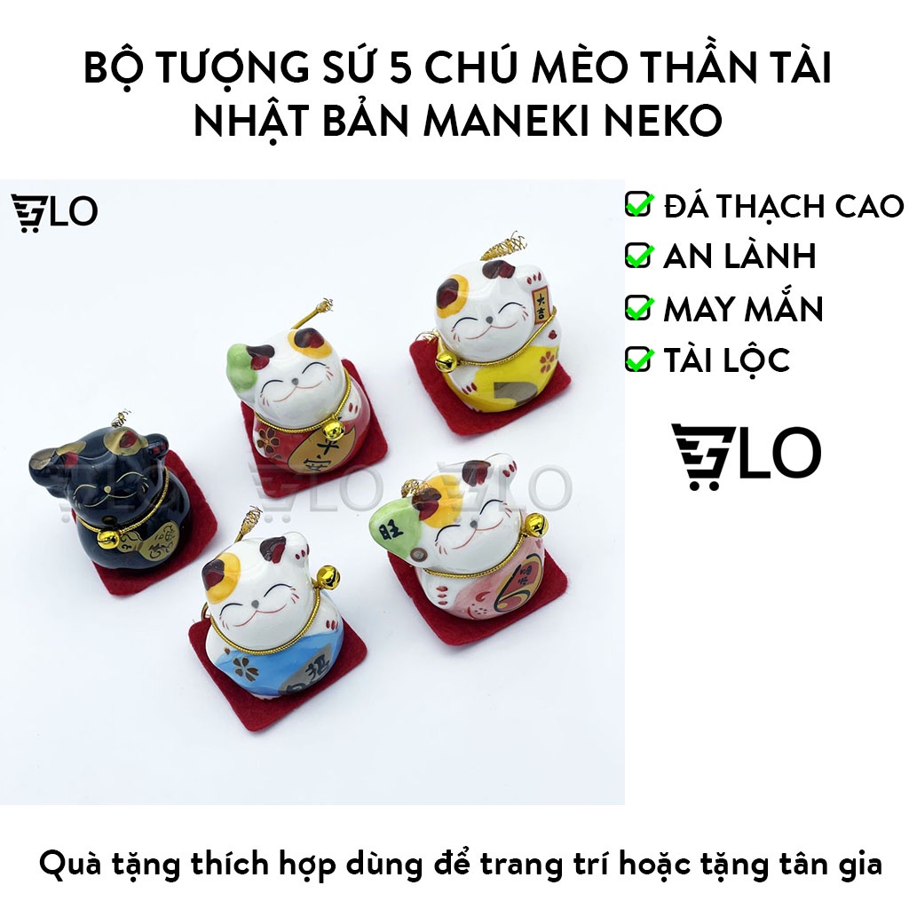 Bộ Tượng Sứ 5 Chú Mèo Thần Tài Nhật Bản Maneki Neko Mini May Mắn