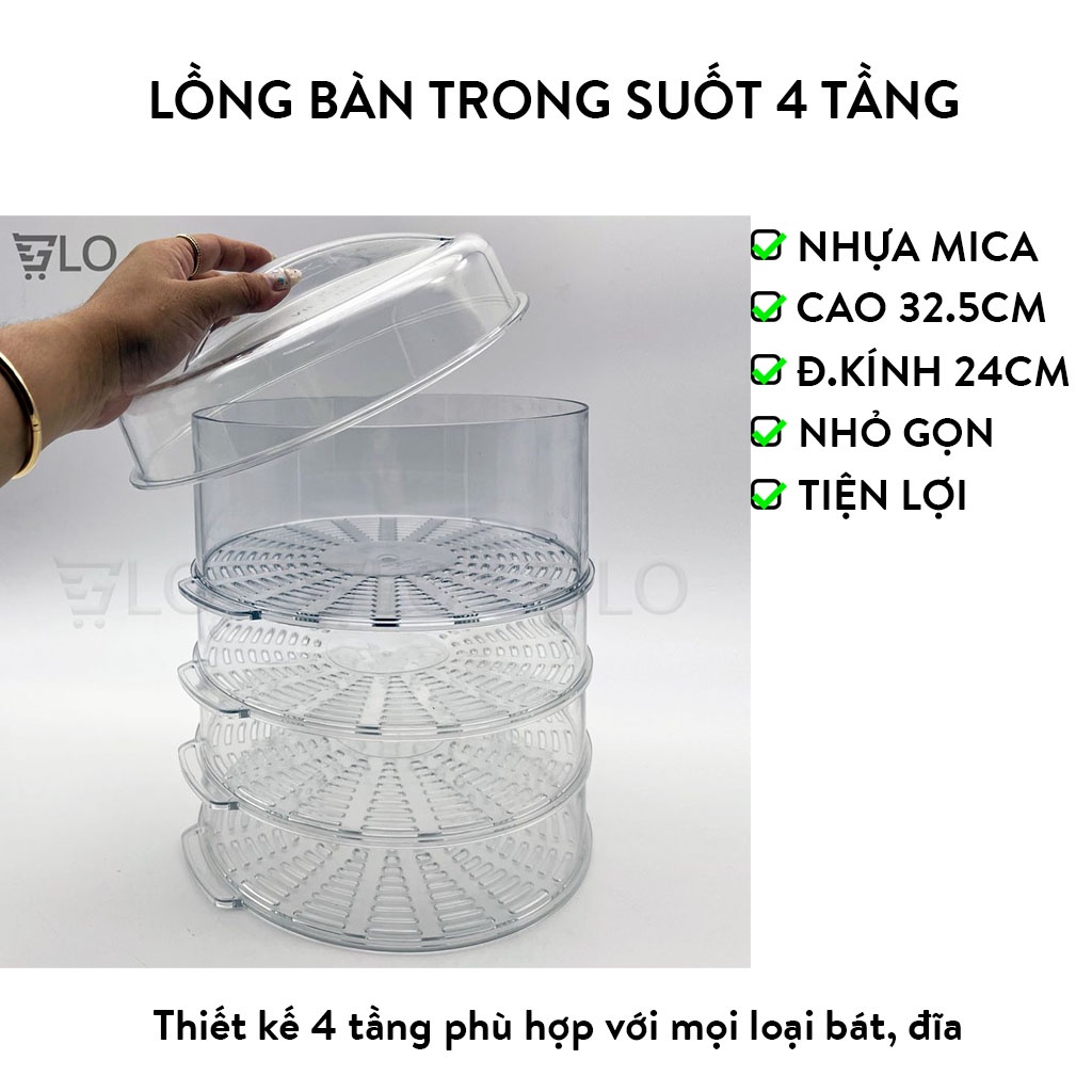 Lồng Bàn Trong Suốt 4 Tầng Đậy Thức Ăn Giữ Nhiệt, Chống Bụi, Chất Liệu Nhựa Mica