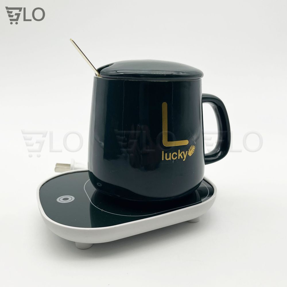 Bộ Cốc Ly Sứ Hâm Nóng Lucky Thông Minh Cao Cấp, Kèm Đế Điện Hâm Cafe, Sữa, Trà Tặng Kèm Thìa Mạ Vàng
