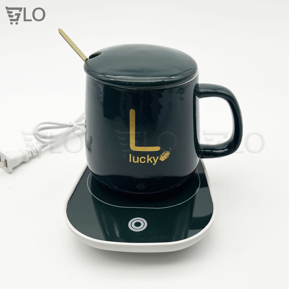 Bộ Cốc Ly Sứ Hâm Nóng Lucky Thông Minh Cao Cấp, Kèm Đế Điện Hâm Cafe, Sữa, Trà Tặng Kèm Thìa Mạ Vàng