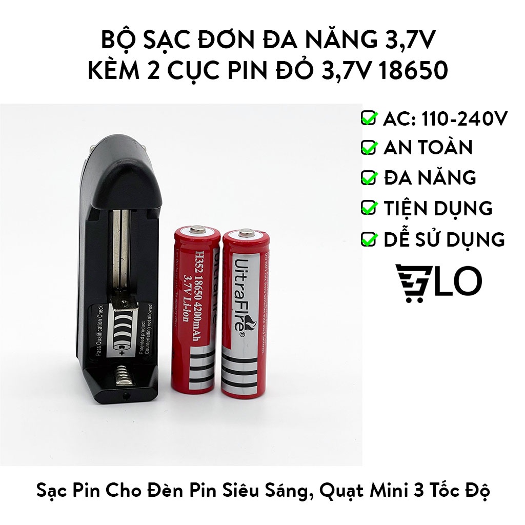 Bộ Sạc Đơn Đa Năng 3,7V Kèm 2 Cục Pin Đỏ 3,7V 18650