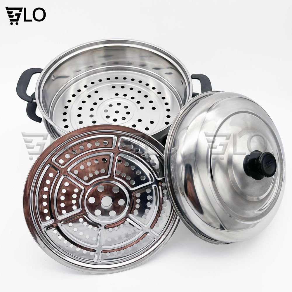 Nồi Hấp Bánh Bao, Cơm, Xôi, Bánh Flan Inox 3 Tầng Dùng Được Bếp Từ