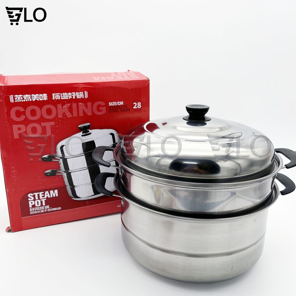 Nồi Hấp Bánh Bao, Cơm, Xôi, Bánh Flan Inox 3 Tầng Dùng Được Bếp Từ
