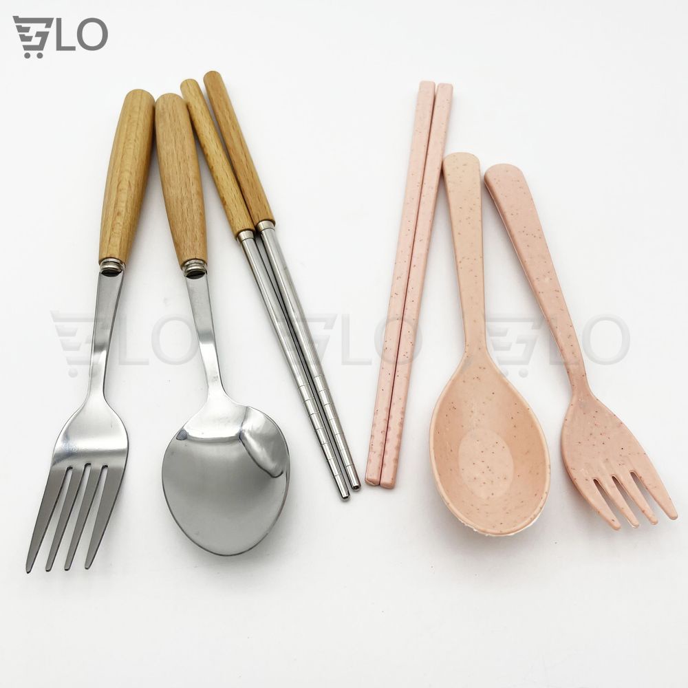 Bộ Muỗng Đũa Nĩa Dùng Bữa Kèm Hộp Đựng Nhựa Lúa Mạch