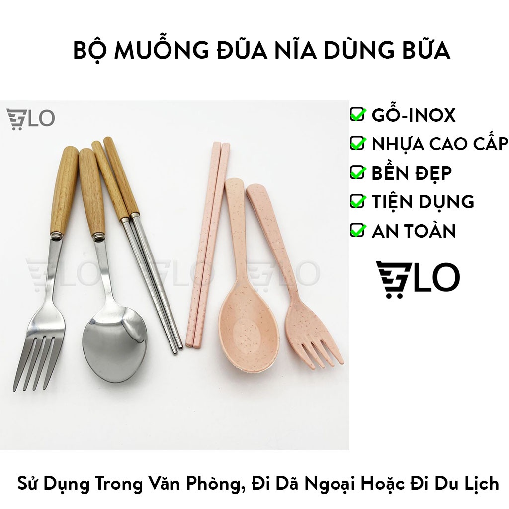Bộ Muỗng Đũa Nĩa Dùng Bữa Kèm Hộp Đựng Nhựa Lúa Mạch