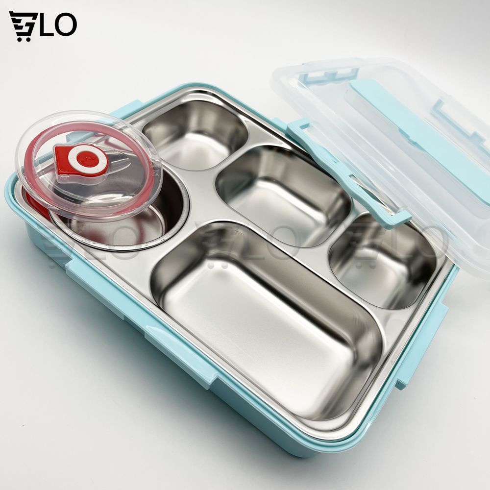 Bộ Khay Cơm Phần Giữ Nhiệt 5 Ngăn Inox 304 Kèm Bộ Thìa Đũa Inox