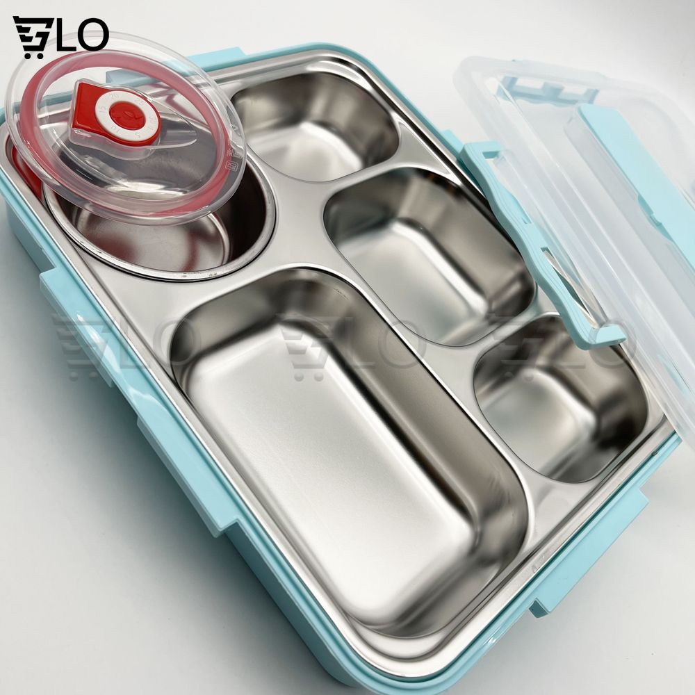 Bộ Khay Cơm Phần Giữ Nhiệt 5 Ngăn Inox 304 Kèm Bộ Thìa Đũa Inox