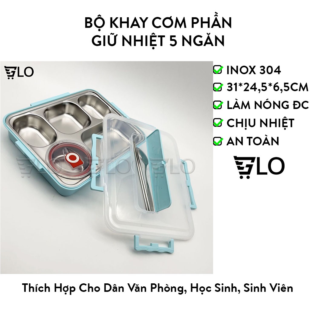Bộ Khay Cơm Phần Giữ Nhiệt 5 Ngăn Inox 304 Kèm Bộ Thìa Đũa Inox