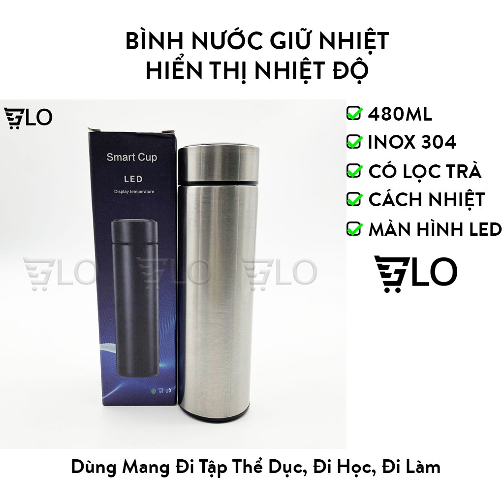 Bình nước giữ nhiệt inox 480ml hiển thị nhiệt độ - Lọ ly giữ nhiệt thông minh có đo hiển thị nhiệt độ