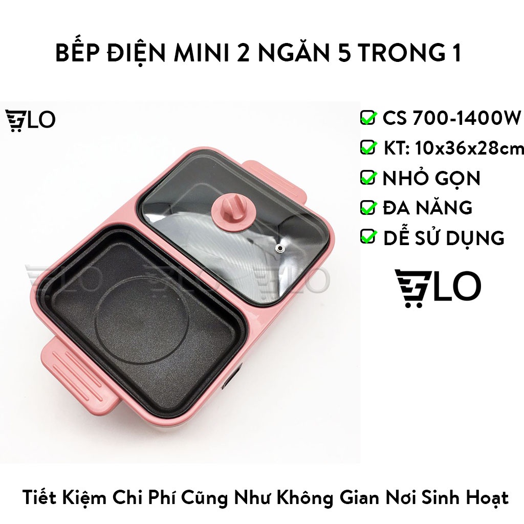 Bếp Điện Mini 2 Ngăn, Nồi Lẩu Nướng, Đế Chống Dính, Công Dụng 5 Trong 1