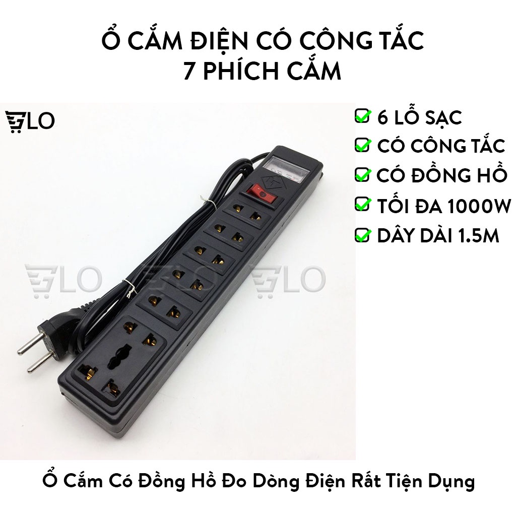 Ổ Cắm Điện Có Công Tắc 7 Phích Cắm Màu Đen