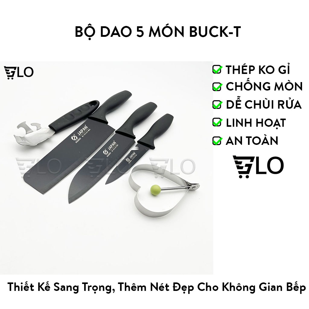 Bộ Dao 5 Món Buck-T Bằng Thép Không Gỉ Đen Nhám Cao Cấp