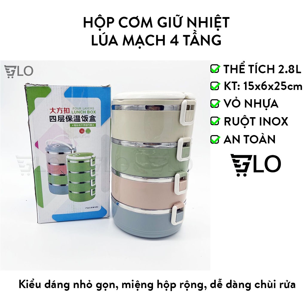 Hộp Cơm Cà Mên Giữ Nhiệt Lúa Mạch 4 Tầng Ruột Inox Tiện Dụng