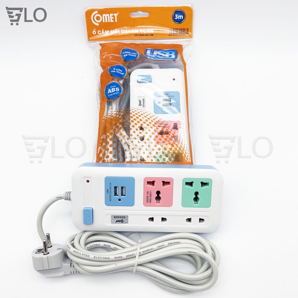 Ổ Cắm Điện Comet CES4223 Nối Dài 3m 4 Lỗ 2 Cổng USB