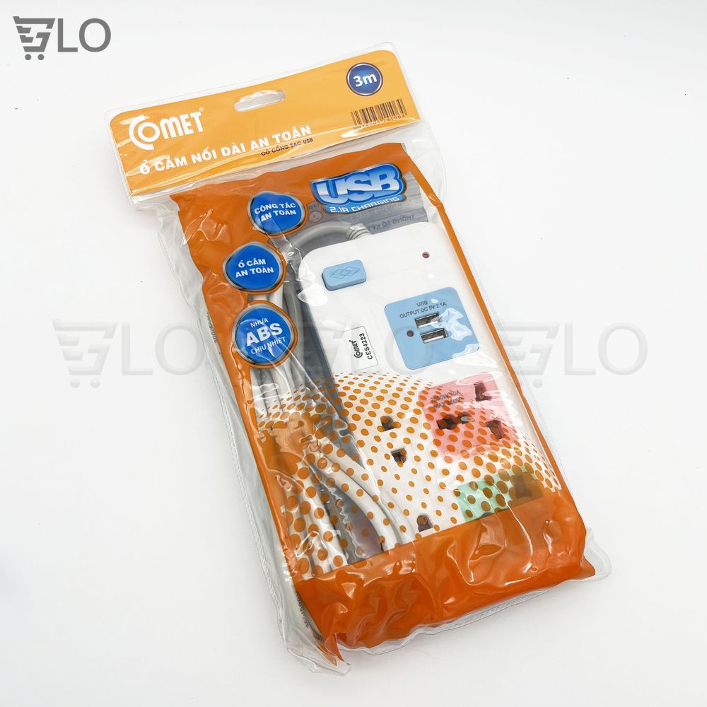Ổ Cắm Điện Comet CES4223 Nối Dài 3m 4 Lỗ 2 Cổng USB