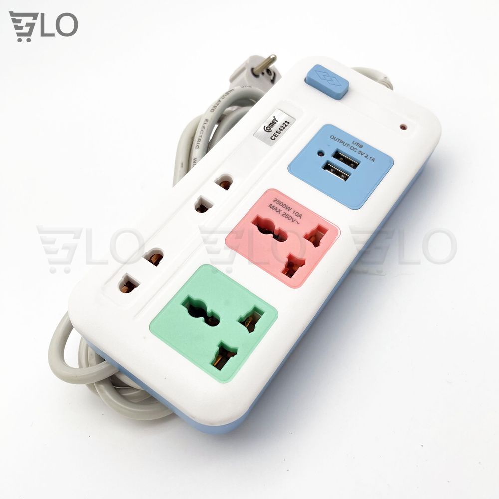 Ổ Cắm Điện Comet CES4223 Nối Dài 3m 4 Lỗ 2 Cổng USB