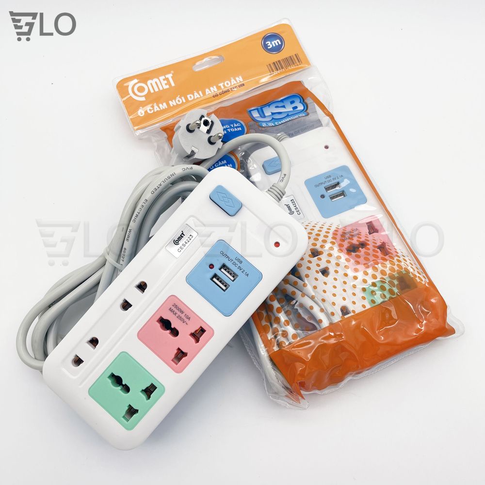 Ổ Cắm Điện Comet CES4223 Nối Dài 3m 4 Lỗ 2 Cổng USB