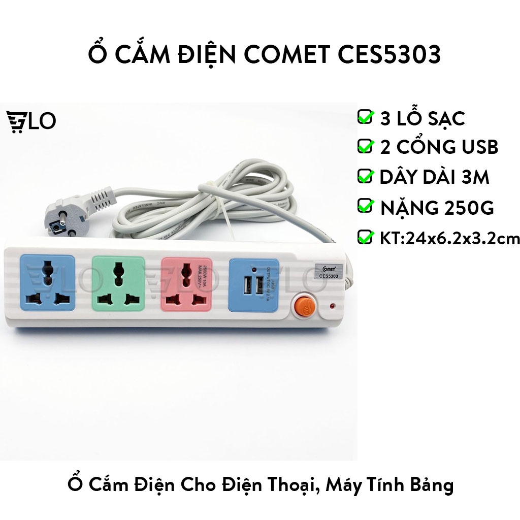 Ổ Cắm Điện Comet CES5303 Nối Dài 3m 3 Lỗ 2 Cổng USB