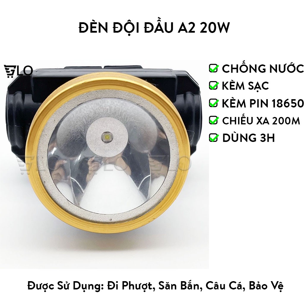 Đèn Đội Đầu A2 20w Chống Nước Tặng Kèm Pin Sạc 18650 + Bộ Sạc
