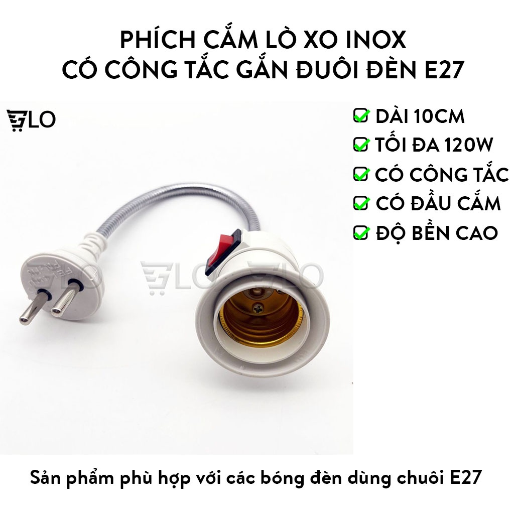Phích Cắm Lò Xo Inox Có Công Tắc Gắn Đuôi Đèn E27