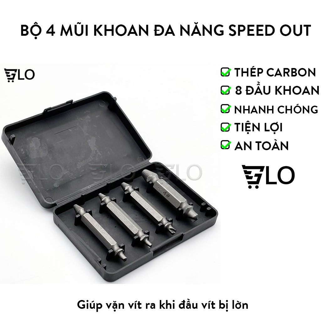 Bộ 4 Mũi Khoan Đa Năng Speed Out Giúp Loại Bỏ Ốc Vít, Bulong Chất Liệu Thép Carbon Dùng Cho Máy Khoan