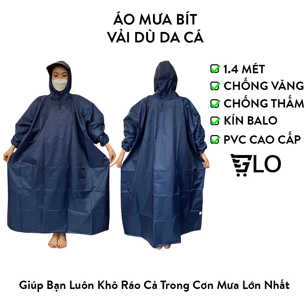 Áo Mưa Bít Vải Dù Da Cá Cao Cấp Người Lớn Màu Xanh Đen 1.4m