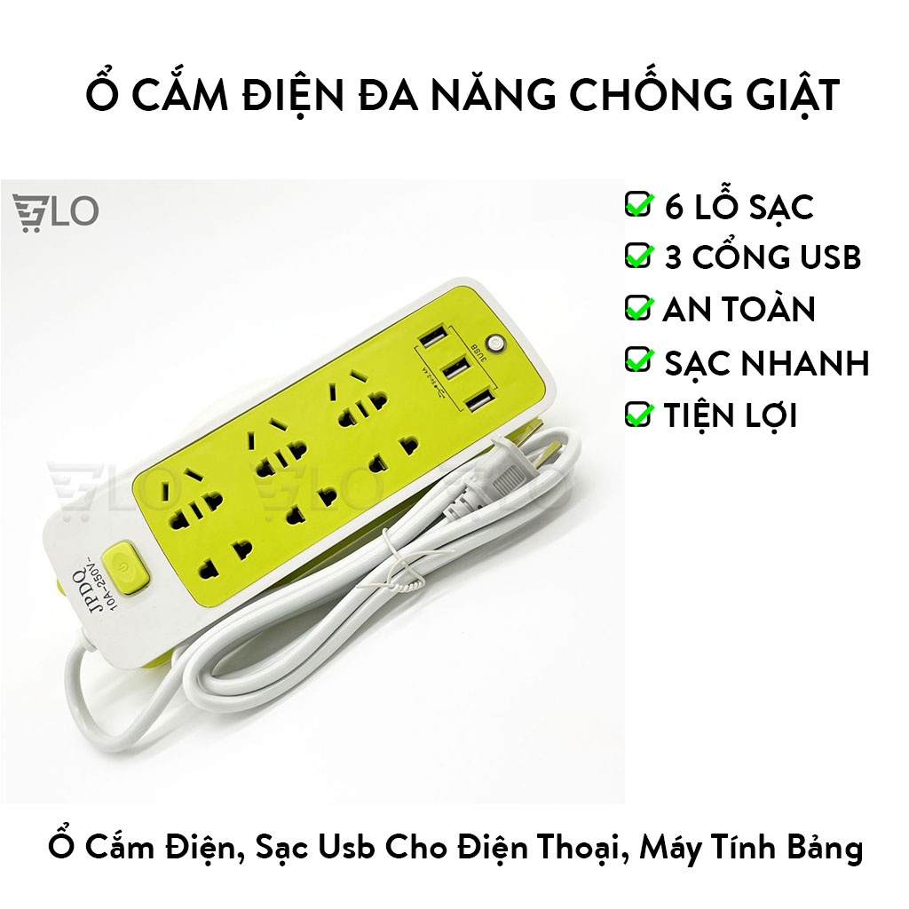 Ổ Cắm Điện Đa Năng Chống Giật 6 Lỗ Và Có 3 Cổng Sạc Usb Cho Điện Thoại, Máy Tính Bảng