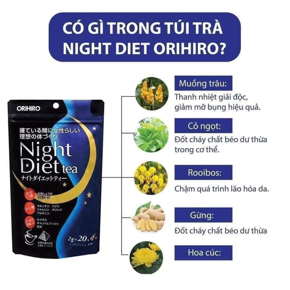 Trà giảm cân Orihiro Night Diet Tea hỗ trợ giảm mỡban đêm, đốt cháy mỡ bụng bổ sung Collagen 20 túi lọc