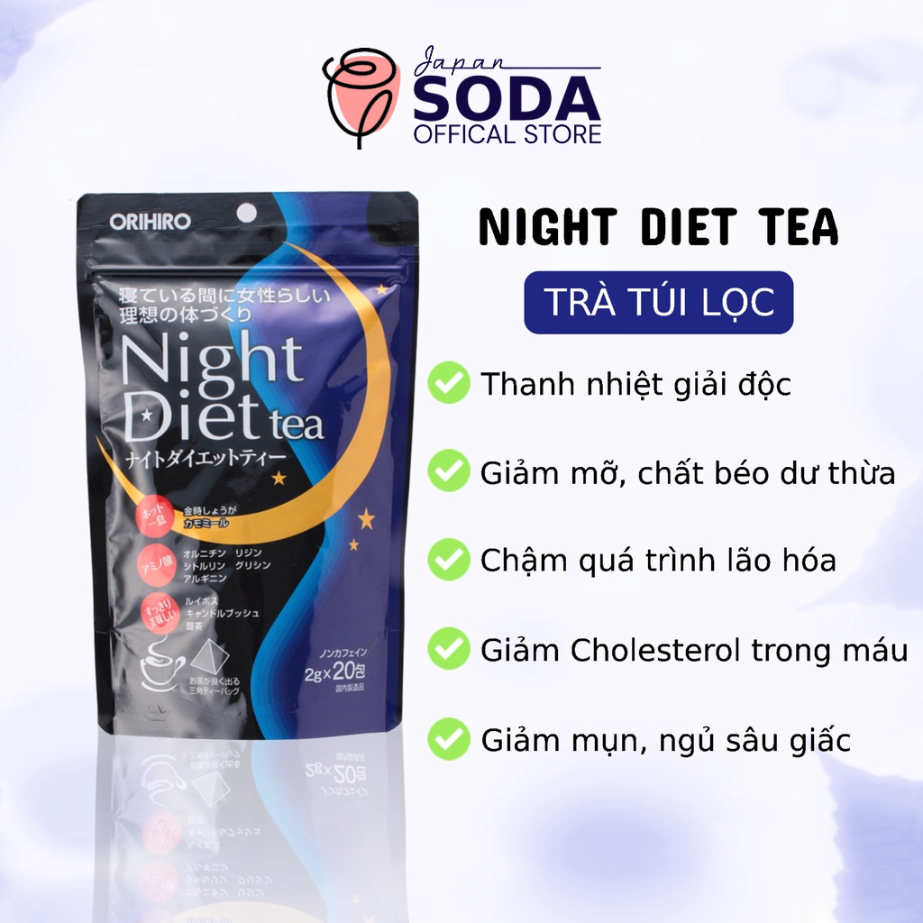 Trà giảm cân Orihiro Night Diet Tea hỗ trợ giảm mỡban đêm, đốt cháy mỡ bụng bổ sung Collagen 20 túi lọc