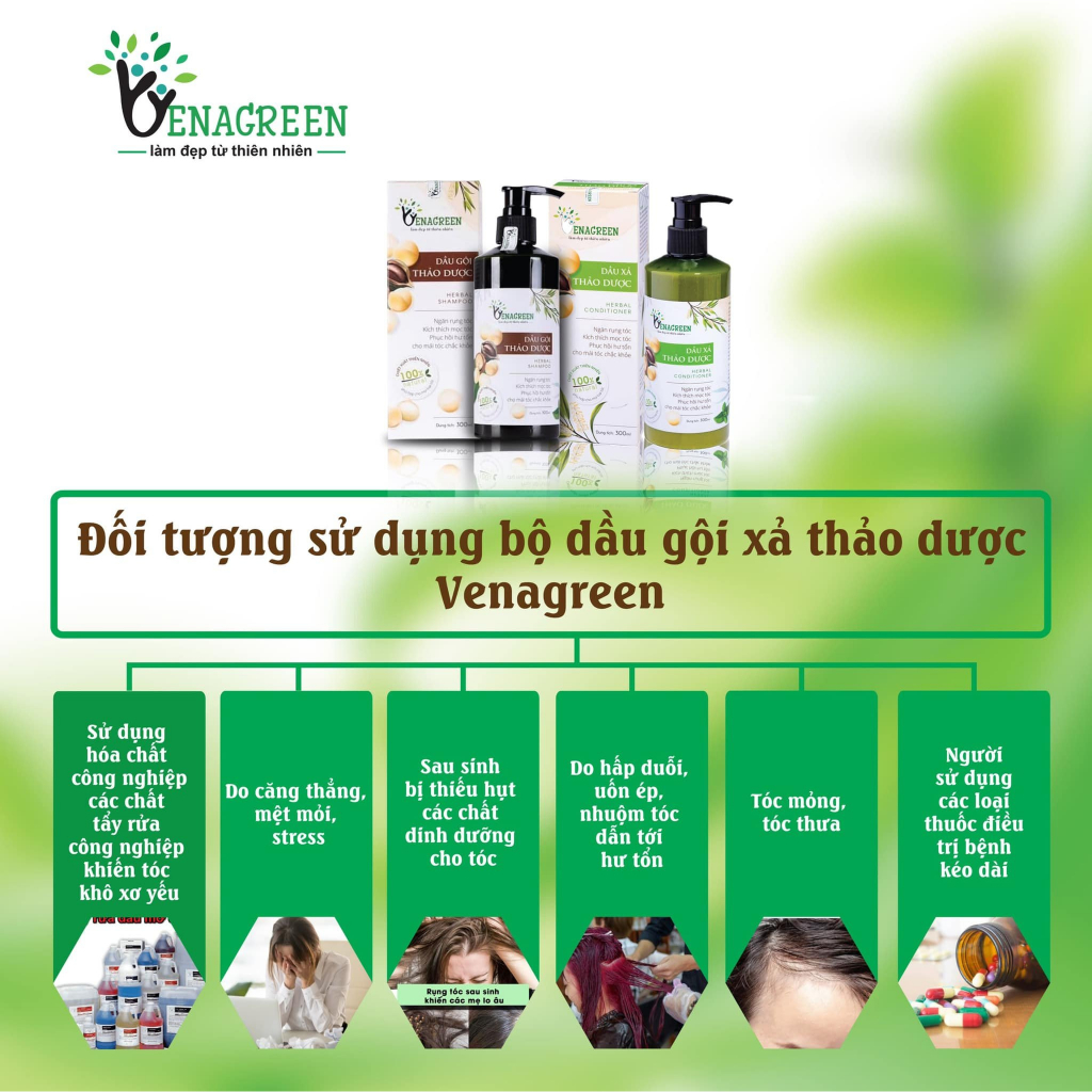 Dầu gội thảo mộc VenaGreen thiên nhiên sạch gàu nhanh mọc tóc chai gội - xả 300ml