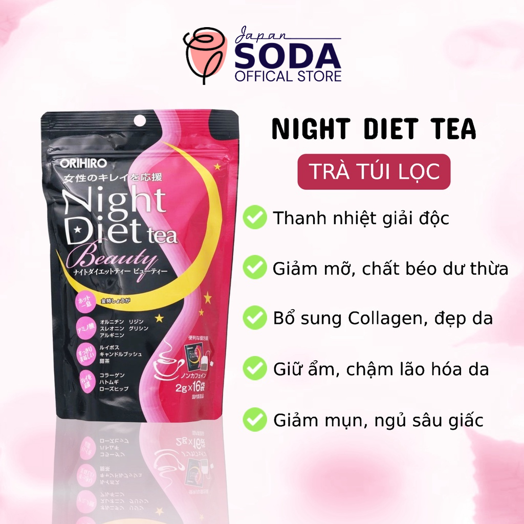 Trà giảm cân Orihiro Night Diet Tea hỗ trợ giảm mỡ bụng ban đêm, bổ sung Collagen 16 túi lọc