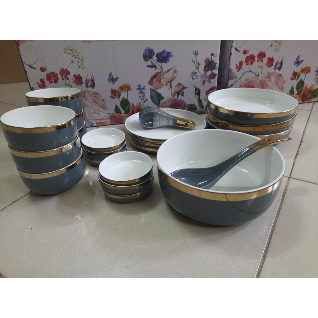 Bộ bát đĩa 26 món vân đá cẩm thạch trắng xám viền vàng cao cấp sang trọng- tặng kèm 1 bộ đũa