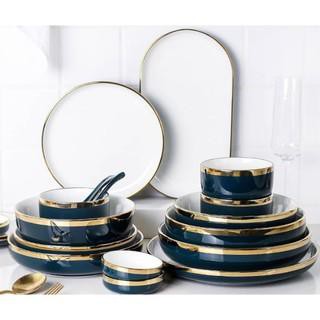 Bộ bát đĩa 26 món vân đá cẩm thạch trắng xám viền vàng cao cấp sang trọng- tặng kèm 1 bộ đũa