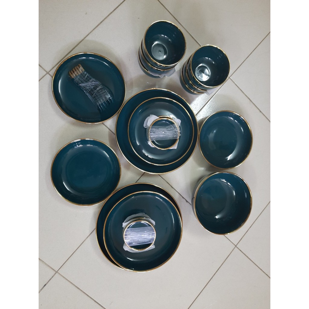 Bộ bát đĩa 26 món vân đá cẩm thạch trắng xám viền vàng cao cấp sang trọng- tặng kèm 1 bộ đũa