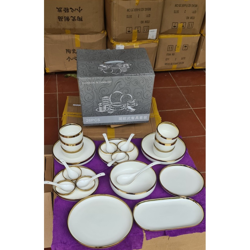 Bộ bát đĩa 26 món vân đá cẩm thạch trắng xám viền vàng cao cấp sang trọng- tặng kèm 1 bộ đũa