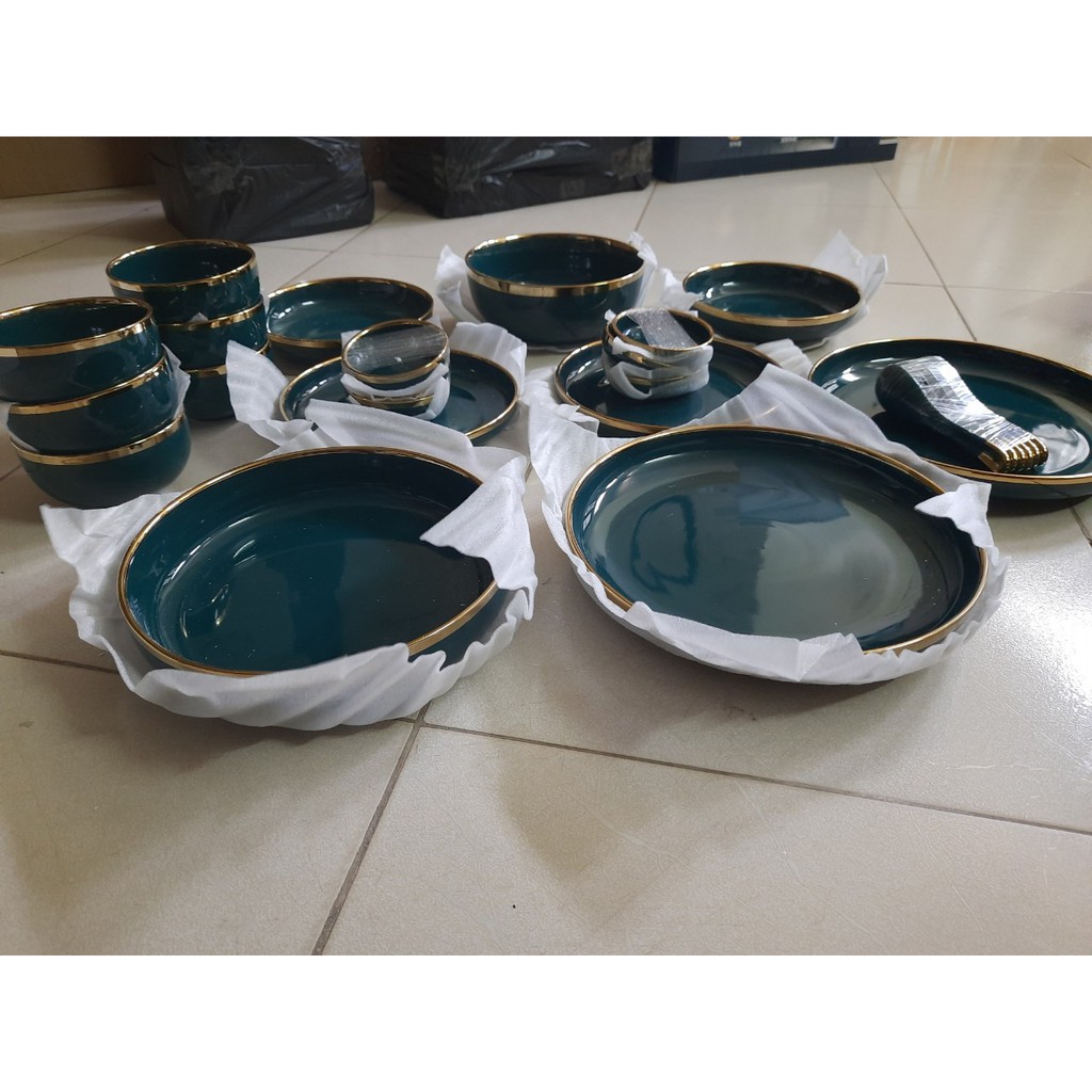 Bộ bát đĩa 26 món vân đá cẩm thạch trắng xám viền vàng cao cấp sang trọng- tặng kèm 1 bộ đũa