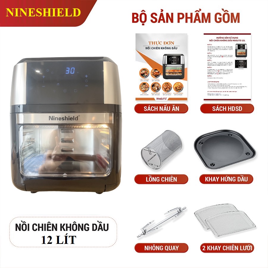 NỒI CHIÊN KHÔNG DẦU HÀNG CHÍNH HÃNG NINESHIELD 12,5L KB-1202 CÔNG NGHỆ TIÊN TIẾN BẢO HÀNH 12 THÁNG (TẶNG KÈM KẸP THỊT)