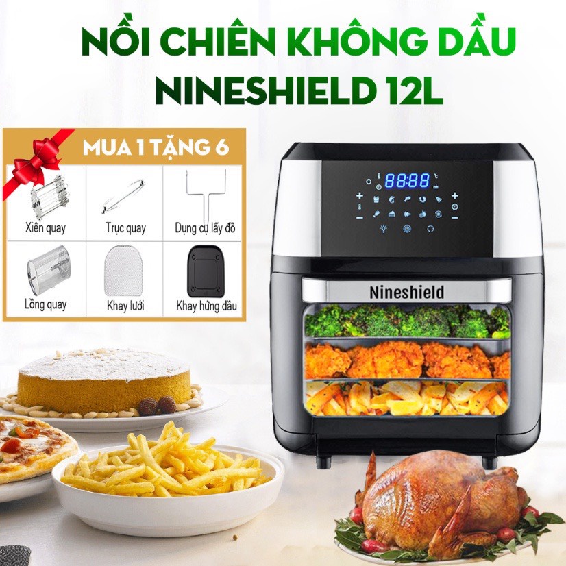 NỒI CHIÊN KHÔNG DẦU HÀNG CHÍNH HÃNG NINESHIELD 12,5L KB-1202 CÔNG NGHỆ TIÊN TIẾN BẢO HÀNH 12 THÁNG (TẶNG KÈM KẸP THỊT)